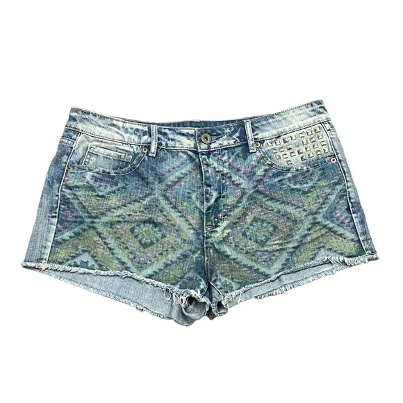 Bethany Mota High Rise Shorty Blue Jean Shorts Womens  Aztec Pattern Studs 10 - Picture 1 of 9
